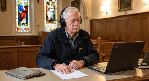 An older man with headphones listening to a laptop at a church welcome desk.