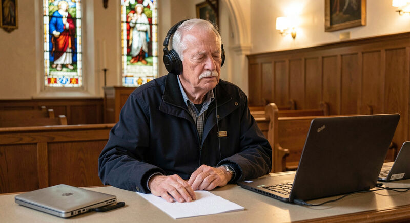 An older man with headphones listening to a laptop at a church welcome desk.