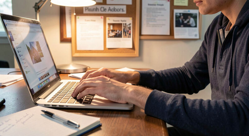A volunteer editor typing a church announcement into a website dashboard on a laptop.