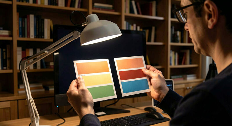 A designer checking color contrast swatches on a monitor in a church media room.
