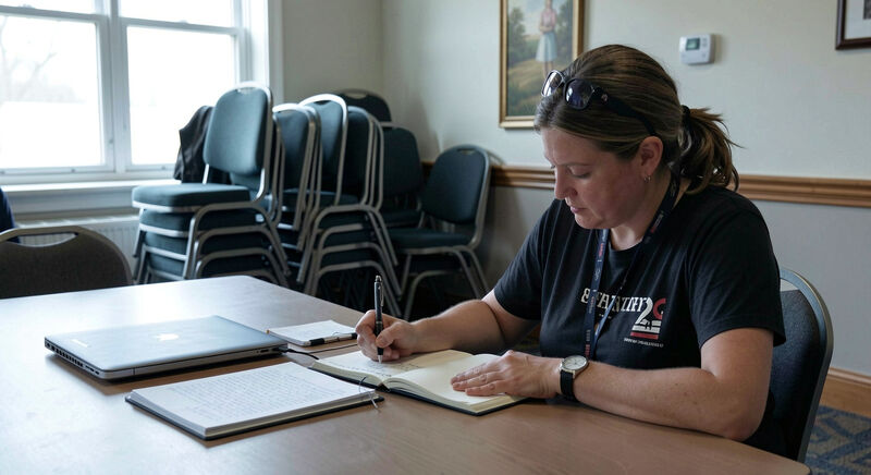 A volunteer writing notes in a notebook beside a laptop in a church meeting room.
