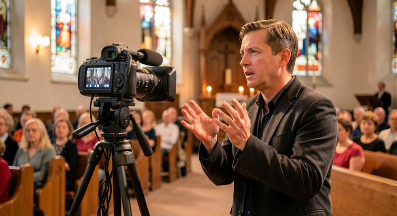 A church service interpreter signing while a video camera records the stage.