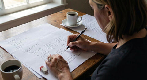 A church communications volunteer sketching a web page layout on paper at a desk with a coffee cup.