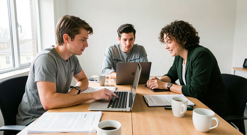 A volunteer web team of three people reviewing a church website on a laptop in a bright meeting room