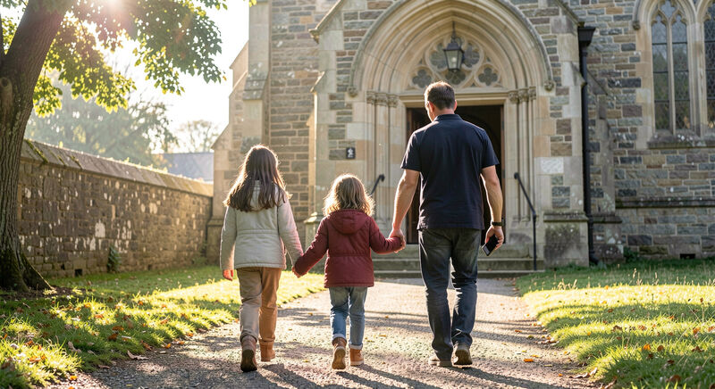 A family with a phone walking toward a stone church entrance on a sunny morning.