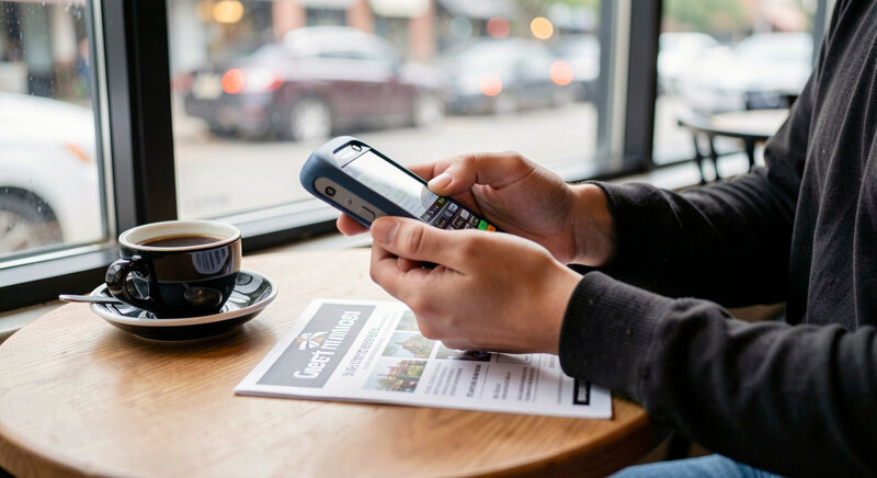 A person making a donation on a phone at a cafe table after a church service.