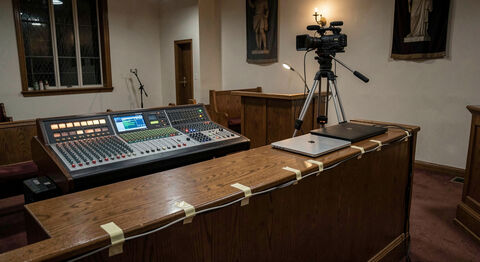 A church media booth with a sound console, a video camera and a laptop before a service.