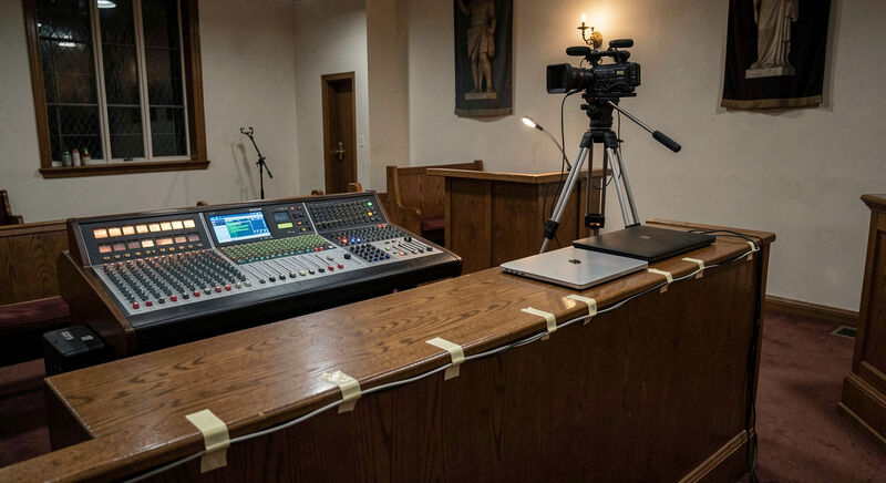 A church media booth with a sound console, a video camera and a laptop before a service.